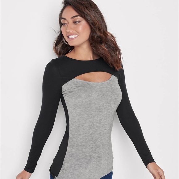 NWOT VENUS Black Grey Colorblock Keyhole Cut-Out Long-Sleeve Top - Picture 2 of 7